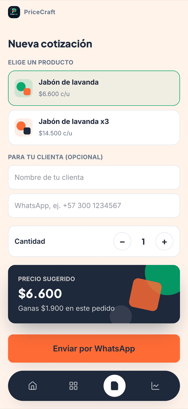 Pantalla del Cotizador Exprés armando un pedido con el precio y la ganancia calculados en vivo