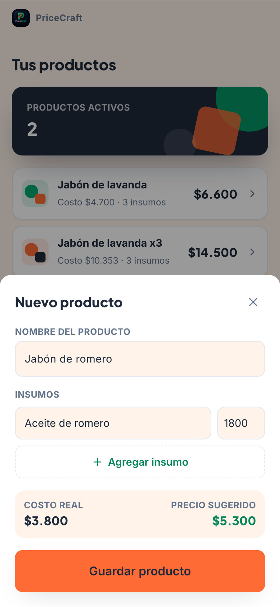 Pantalla de costeo de un producto: insumos, mano de obra y precio sugerido