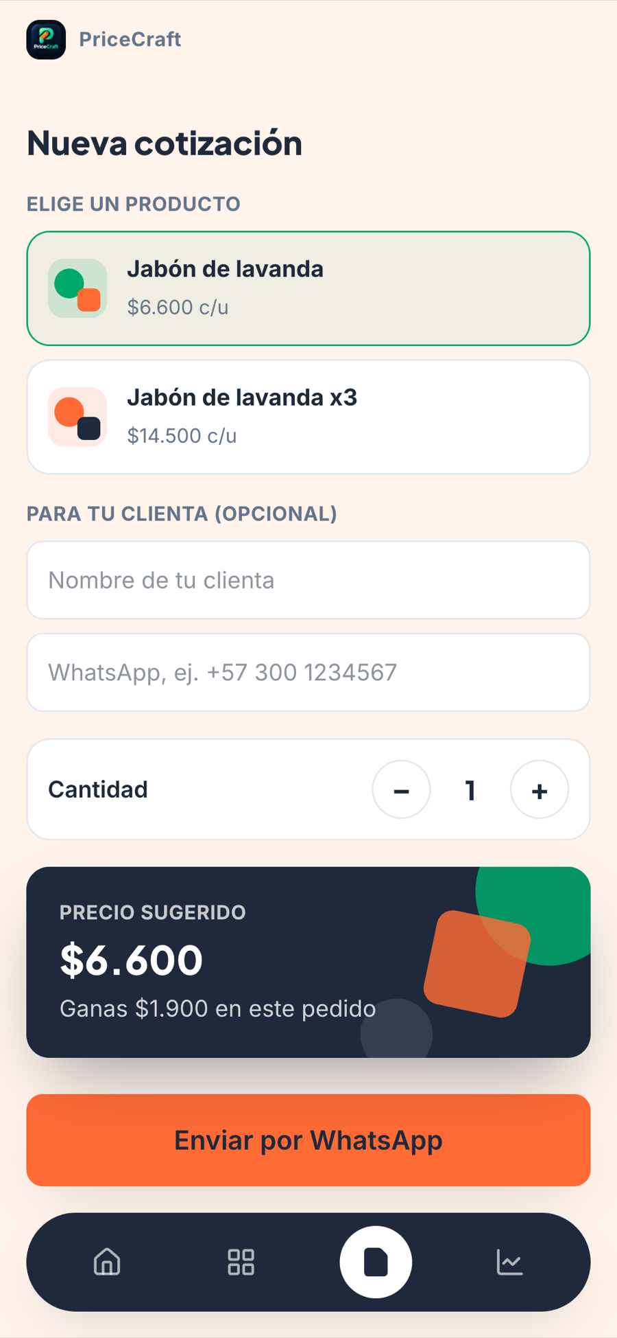 Pantalla del cotizador armando un pedido con extras y total