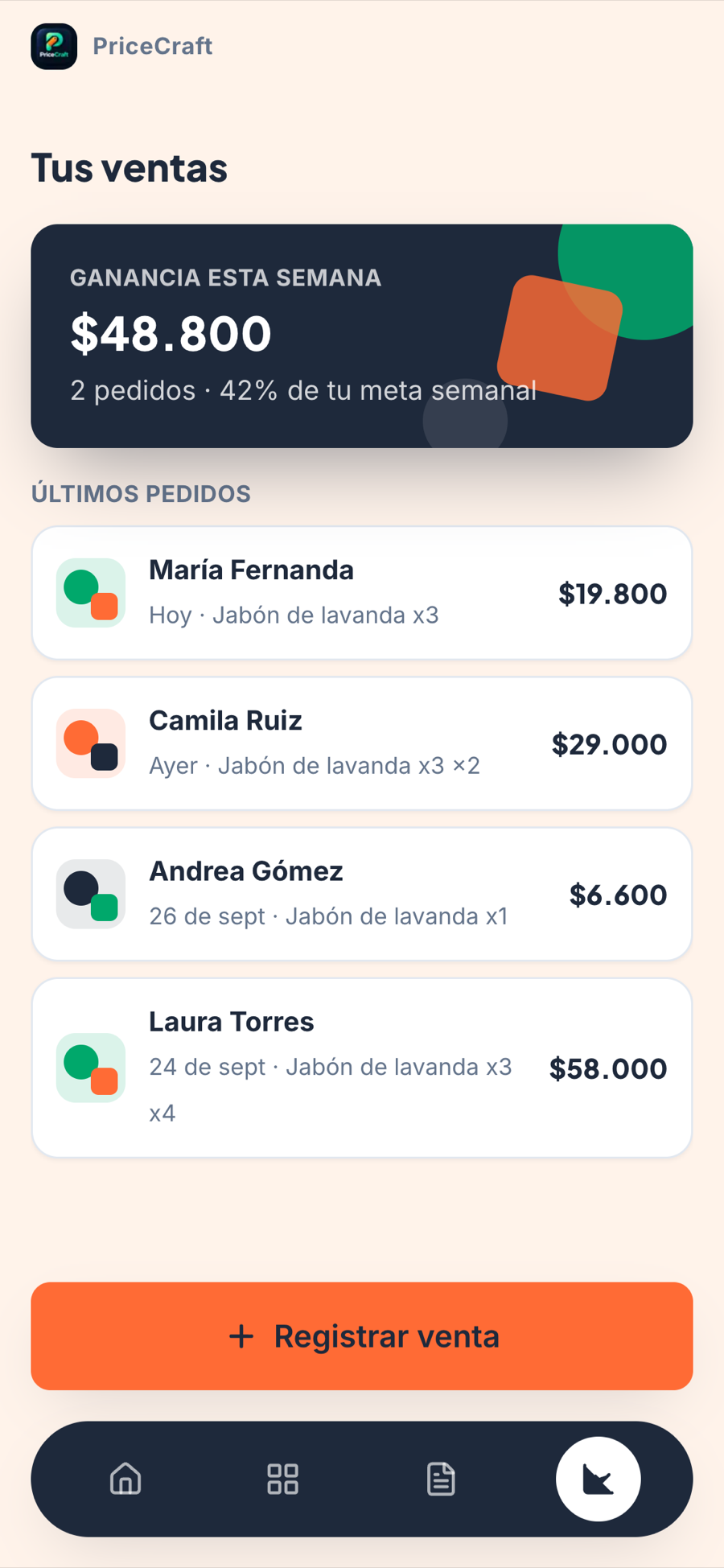 Pantalla de Ventas con la ganancia neta del mes y el historial
